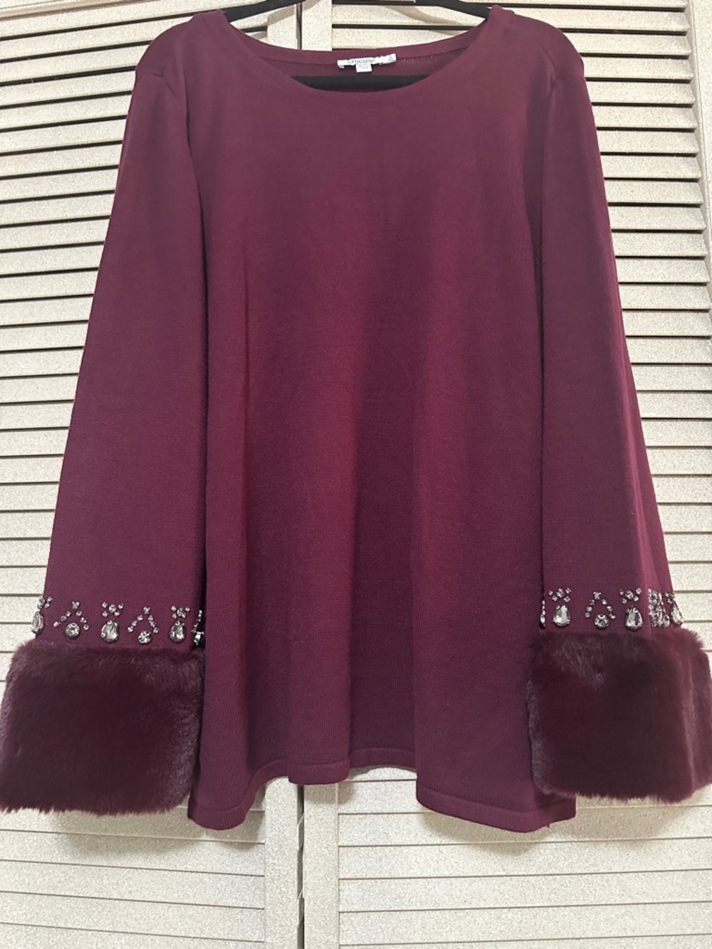 Chico's Burgundy Embellished Faux Fur Cuff Top XXL GORGEOUS